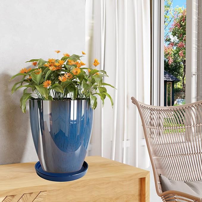 Yukfona Ceramic Plant Saucer Pot Tray 10 Inch, Planter Saucers 4 5 6 7 8 9 10 11 12 13 Inch for Indoors Outdoor, Durable Sturdy Flower Drainage drip Water Tray for Glazed Pots Base (10.7 Inch-Blue)