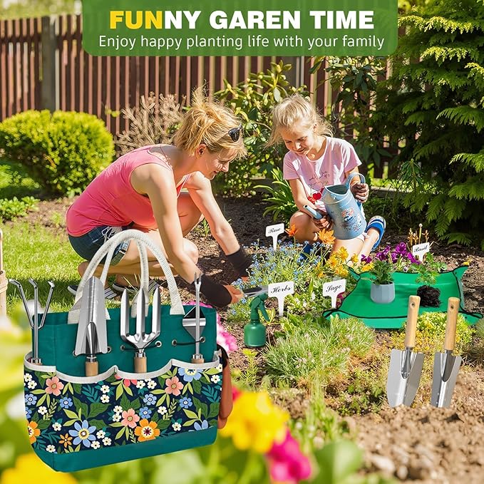22Pcs Gardening Tools Set for Women Heavy Duty Garden Hand Tools Kit Garden Gifts for Mom Beginner Gardening Accessories with Tote Bag/Shovels/Repotting Mat/Plant Labels/Gloves-Dark Green