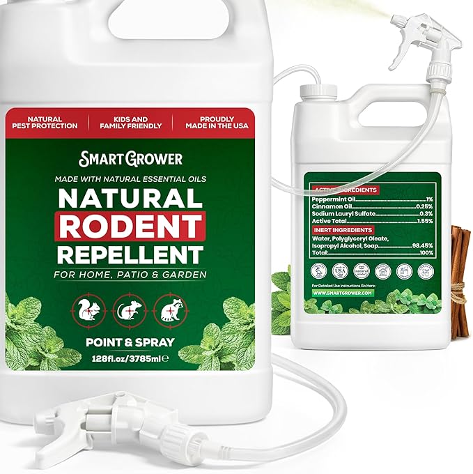 Peppermint Oil Spray for Rodents 128oz with Trigger Sprayer, Maximum Strength Ready to Use Peppermint Spray for Rodent, Mice, Squirrels – Indoor, Outdoor & Car Engine Protection – 128 oz Smart Grower