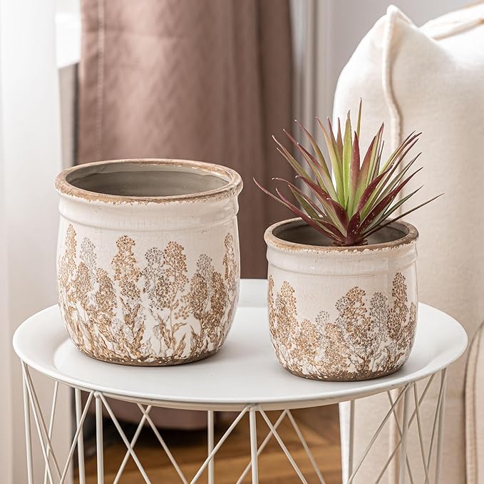 Set of 2 Ceramic Planters for Indoor Plants, 4.7+5.7 Inch Vintage Flower Pots without Drainage Hole, Rustic Brown Planter Set, Decorative Plant Pots for Indoor Plants, Home Decor, Living Room, Office