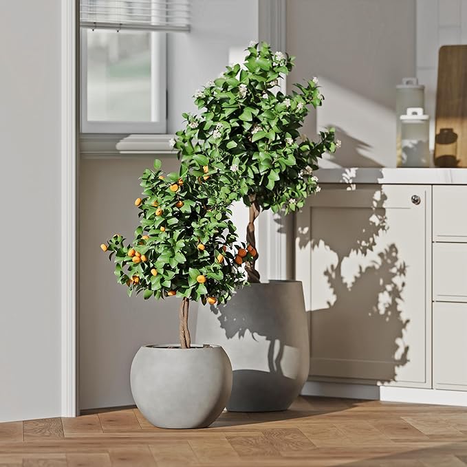 DTY Mount Sherman 21.1'' D x 16.7'' H (Pot Opening 14.6") Fiberstone Round Planter with Drainage Hole, Smooth Finishes, Weather Resistant for Indoor and Outdoor, 2 Extra Coco Mats - Gray, Large