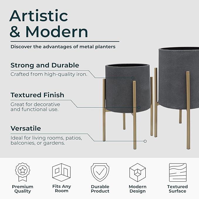 Decorative Flower Pots with Metal Stand for Home Decor - Modern Planters for Hallway, Entryway, and Living Room Decor - Indoor and Outdoor Pots for Plants - Set of 2, 23", 19", Gray & Gold