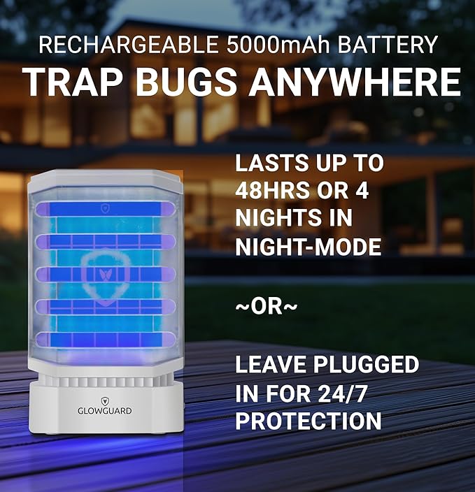 GlowGuard-X Rechargeable Indoor Fly Trap & Gnat Killer, Multi-Purpose Mosquito Trap and Shockless Indoor Bug Zapper, Includes 1 Device + 4 Glue-Card Refills, 40hr Battery or Plug-in 24/7, White