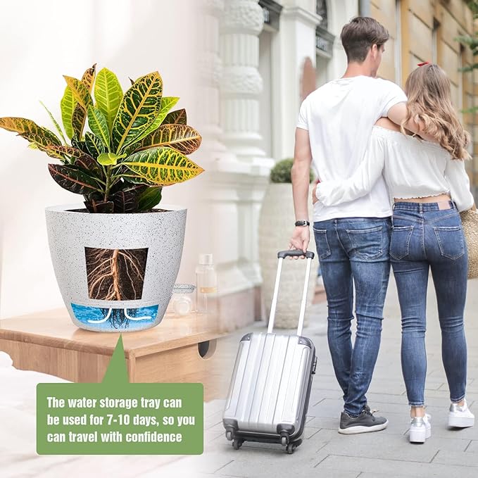 UOUZ 10/9/8 inch Self Watering Pots, Set of 3 Plastic Planters with Mesh Drainage Holes and Deep Reservoir for Indoor Outdoor Garden Plants and Flowers, White Speckles