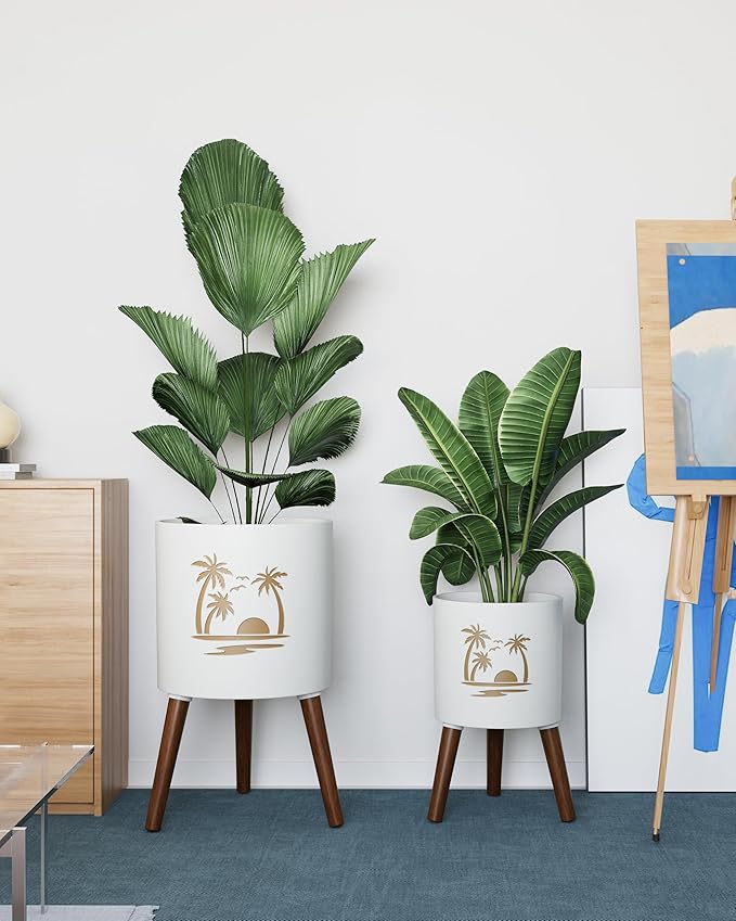 2 Set Plant Pot with Stand 10 & 12 inches – Large Indoor Pots for Plants with Solid Oak Wood Stand & Drainage, Palm，White ＆ Gold