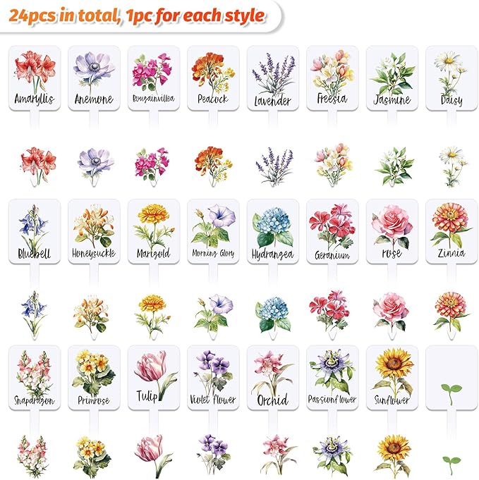 Whaline 24Pcs Acrylic Flower Plant Label Signs 24 Styles Garden Flower Markers Plant Stake Tags White Waterproof Tags with Floral Names for Nursery Indoor Outdoor Garden Decoration