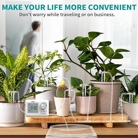 Automatic Watering System for 15 Potted Plants, Automatic DripIrrigation Kit with Adjustable Water Flow, Programmable Water Timer with Dual Power Supply, for Balcony/Garden/Greenhouse Plants