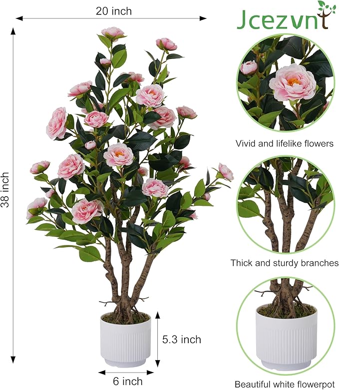 2 Pack Artificial Camellia Tree with White Pot, 38" Faux Potted Plants for Indoor Outdoor Decor, Tall Silk Greenery Plant for Home Offce Living Room Balcony, Pink