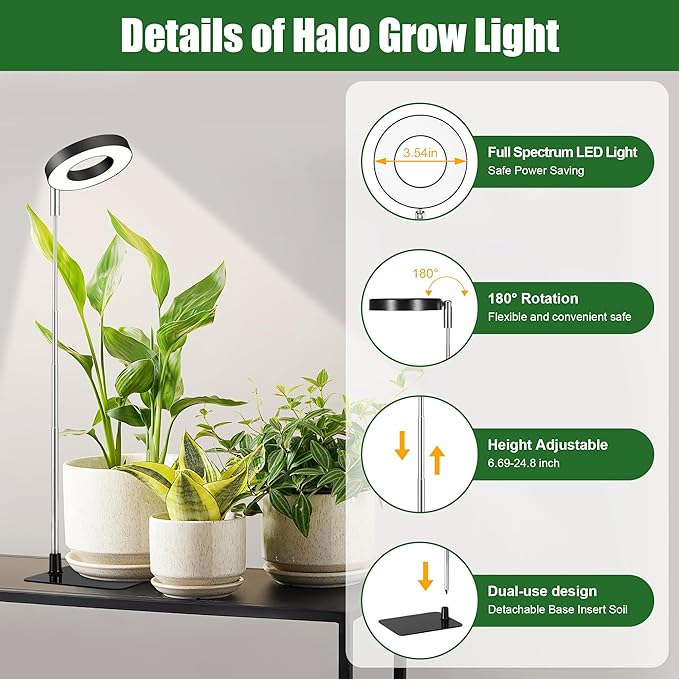 48 LEDs Full Spectrum Grow Lights for Indoor Plants, Height Adjustable, Small Black Halo Plant Light with Base, 3 Light Modes, 10 Brightness, Auto Timer 3/9/12H, 2 Pack