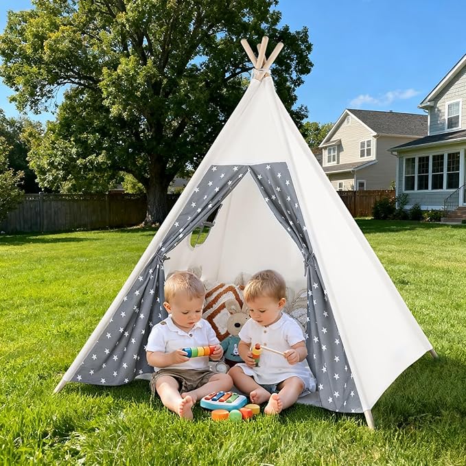 Teepee Tent for Kids Cotton Canvas Play Tent with Mat Slumber Party， Foldable Indoor Tent for Boys & Girls, Gift Set with Star Lights, Banner & Carry Bag, Stars Design
