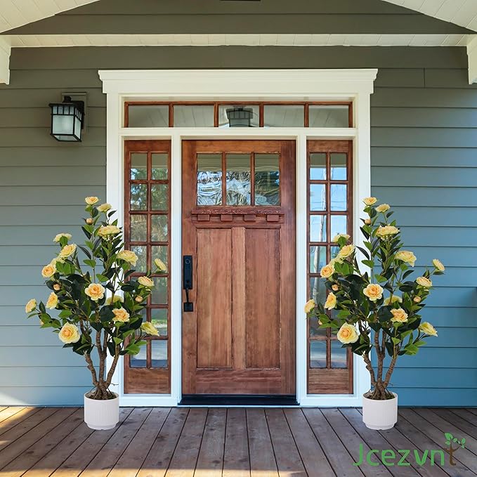 2 Pack Artificial Camellia Tree with White Pot, 38" Faux Potted Plants for Indoor Outdoor Decor, Tall Silk Greenery Plant for Home Offce Living Room Balcony, Yellow