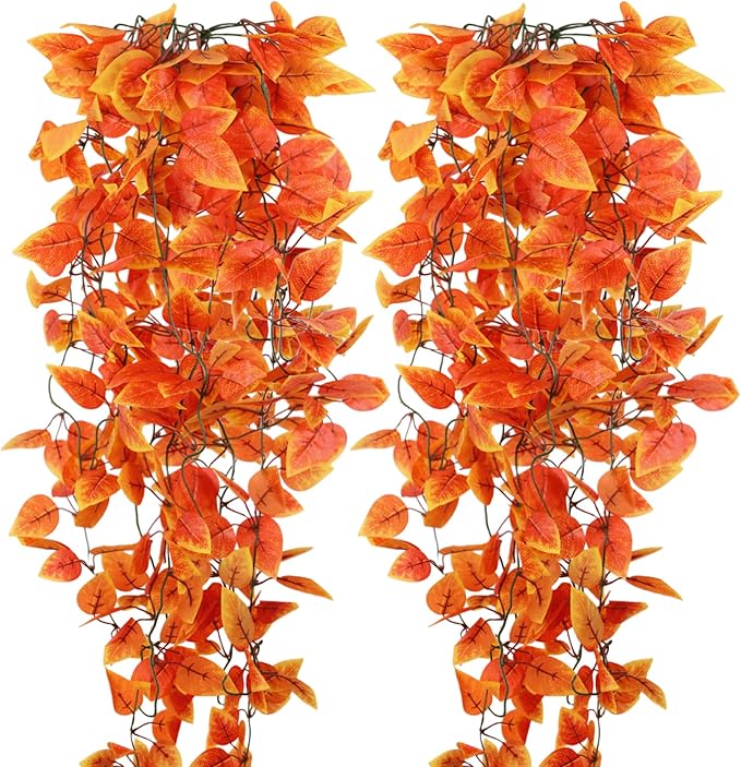 2-Pack Fake Hanging Plants, Faux Hanging Plant Artificial Greenery for Living Room Bedroom Boho Wall Shelf Indoor Outdoor Decor (Orange Pothos Ivy Vines)