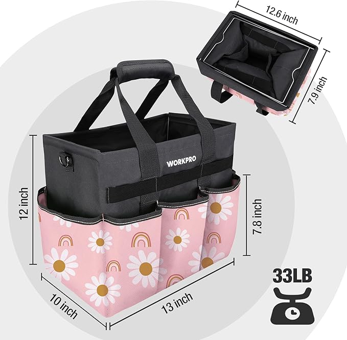 WORKPRO Garden Tool Bag Organizer, Heavy Duty Gardening Tote Bag, 10 Pockets with Adjustable Shoulder Strap, Standable Garden Home Tool Kits Organizer, Floral Pink (Tools are not Included)-Pink Ribbon