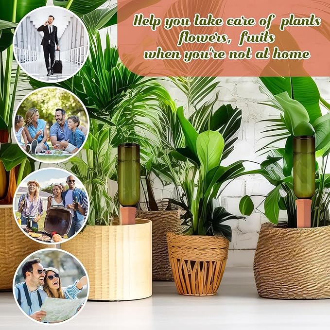 SiliFine 3 Sets Plant Watering Devices Include Terracotta Self Watering Spikes and 26 oz Plastic Bottles, Slow Release Vacation Insert Automatic Plant Waterer Device (Dark Green and Terracotta)