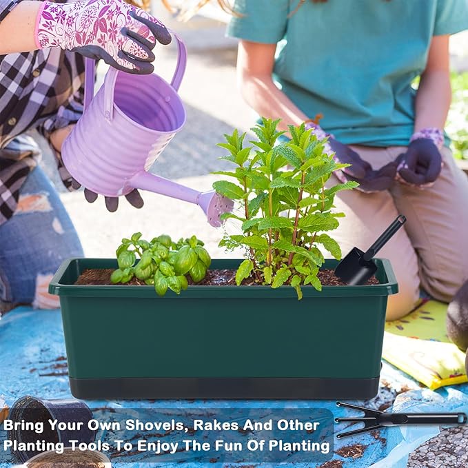 Oliz Window Box Planter 8 Pcs, 17 Inches Rectangle Flower Pots with Drainage Holes & Trays, Vegetable Planters for Windowsill Patio Garden Balcony Home Indoor Outdoor (Dark Green, 16 * 7 * 6 inch)