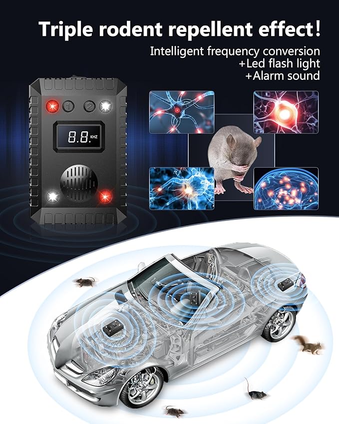 Ultrasonic Car Rodent Repellent, Car Mouse Repellent Plug in Battery Operated, Ultrasonic Rodent Repellent for Car Engine, Effective Mouse Deterrent Keeps Rats and Mouse Traps for Car,Attic,Barn