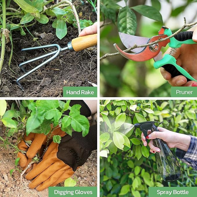 Grenebo Gardening Tools 9-Piece Heavy Duty Garden Hand Tools with Fashion and Durable Garden Tools Organizer Handbag, Rust-Proof Garden Tool Set, Ideal Gardening Gifts for Women