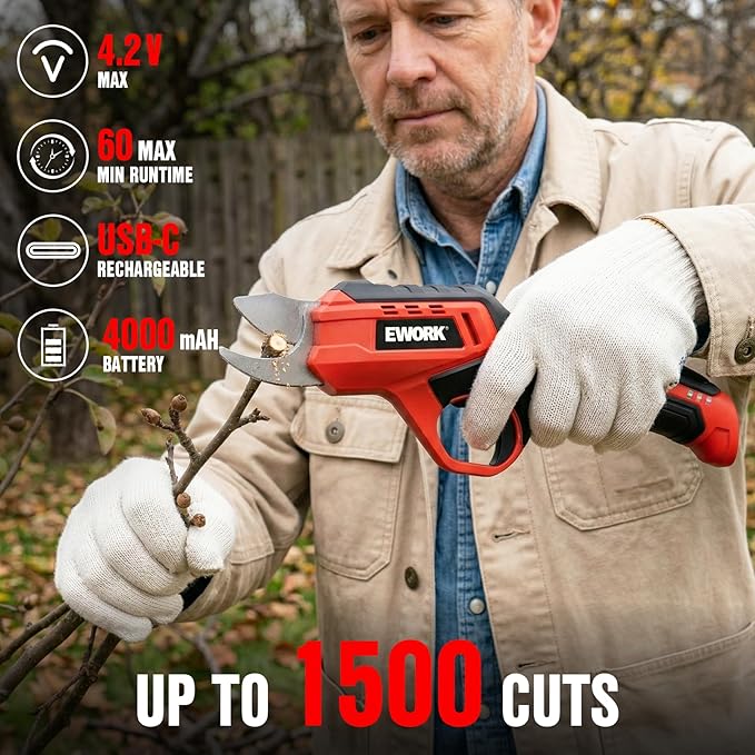 EWORK Cordless Electric Pruning Shears 4.2V Rechargeable 4000mAh Battery, 0.7 Inch Cutting Diameter, 2 SK5 Blades Tool-Free Replacement, Handheld Pruner for Garden Tree Branch Trimming