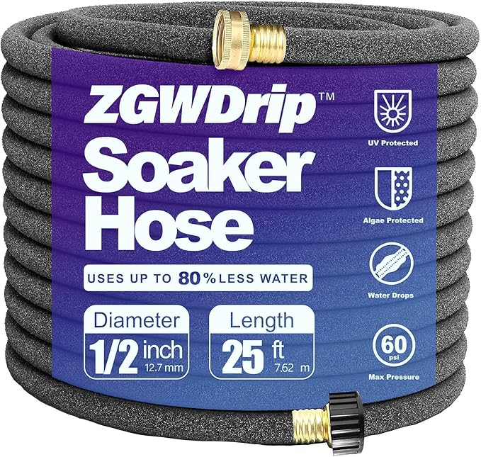 25FT 1/2" Water-Saving Soaker Hose with Solid Brass Connectors, Drip Irrigation Kit for Lawn & Yard