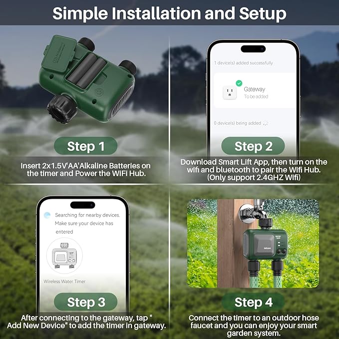 Smart Sprinkler Timer 2 Zone with Gateway, WiFi Water Timer with Rain Delay, Manual& Automatic Watering System for Garden Hose Faucet, App& Voice Control, Outdoor Hose for Yards Lawns