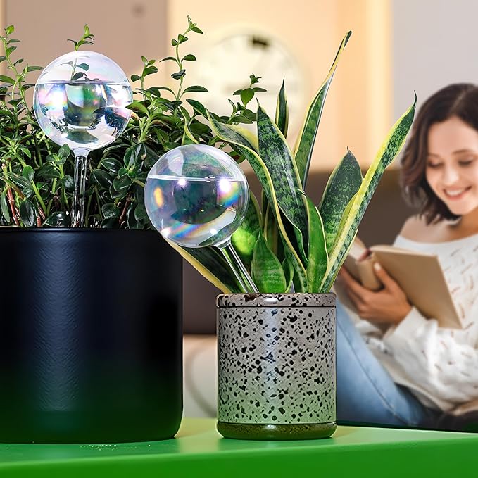 Soilagua 6.4 oz Medium Plant Self Watering Globes, Light Iridescent Glass Water Bulbs for Indoor Plants, Vacation Watering System, Plant Watering Spikes Stakes, Automatic Plant Waterer, 4 Pack