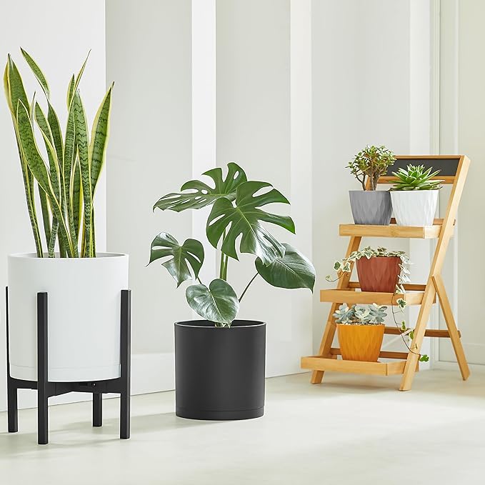 FaithLand 14-Inch Large Modern Cylinder Planter, Thick-Walled Plastic Plant Pot with Drainage Holes and Detachable Saucer, Matte Black, Ideal for Indoor & Outdoor Plants Flowers