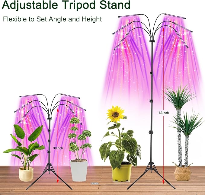 Mefflypee Grow Lights for Indoor Plants, LED Grow Light Stand, Red Blue Yellow Full Spectrum Plant Lamp with Adjustable Tripod, Color Changing Dimmable Vegetative Lamp with Auto On Off Timer (Type A)