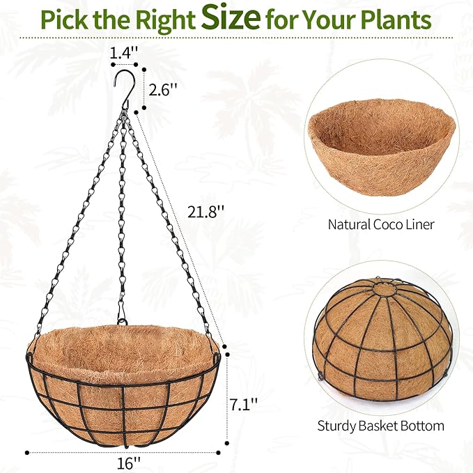 16 inch Hanging Baskets for Plants Outdoor, 4 Pack Large Hanging Planters for Indoor Outdoor Plants, Round Wire Hanging Flower Pots with Coconut Coir Liners for Garden, Deck, Porch, Balcony