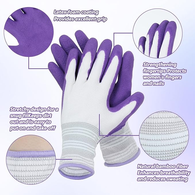 2 Pairs Gardening Gloves, Outdoor Work Garden Gloves Breathable Rubber Coated Outdoor Protective Yard Glove with Grip for Women Men Garden Essentials (Green & Purple)