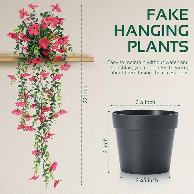FAVOWREATH Fake Plants Hanging Artificial Potted Faux Eucalyptus Plants and Flowers for Modern Boho Farmhouse Bathroom Office Desk Wall Book Shelf Living Room Aesthetic Decor Indoor (Rose Red)