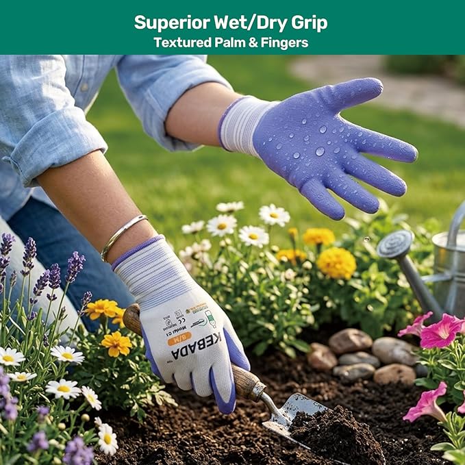 Kebada Gardening Gloves for Women, 6 Pairs Latex Coated Womens Work Gloves, High Visibility, Medium, Lilac & Yellow