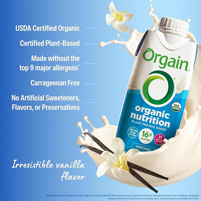 Orgain Organic Nutritional Vegan Protein Shake, Vanilla Bean - 16g Plant Based Protein, Meal Replacement, 21 Vitamins & Minerals, Fruits & Vegetables, Gluten Free, Non-GMO, 11 Fl Oz (Pack of 4)