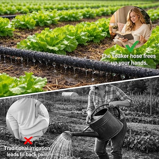 MIXC Drip Irrigation System with 100FT 1/4" Soaker Hose - 80% Water Savings, Weeping Tech for Deeper Root Watering, Garden Kit with 10FT 1/2" Tubing for Raised Beds, Vegetables, Lawn, Greenhouse