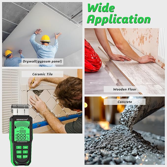 RDINSCOS Pinless Moisture Meter for Wood, Cement, Floors, Drywall, Concrete and Plaster – Non-Invasive Digital Damp Detector with 40mm Depth, REF Mode, Backlit LCD, for Home and Professional Use