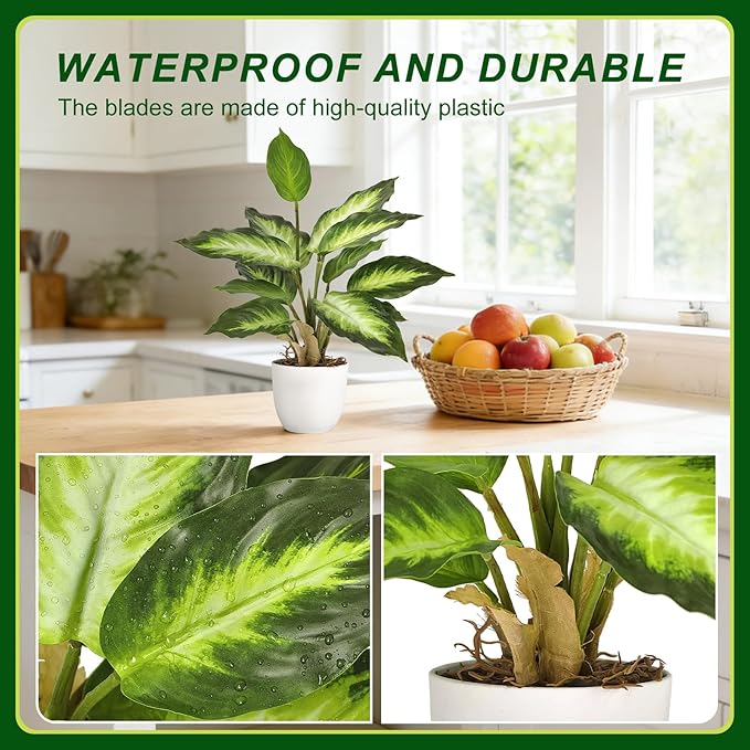 2 Pack Artificial Potted Plants, 16" Fake Plants Indoor in White Pots for Home Bathroom, Office Desk, Shelf - Realistic Faux Greenery Desk for Living Room, Kitchen, Farmhouse Decor