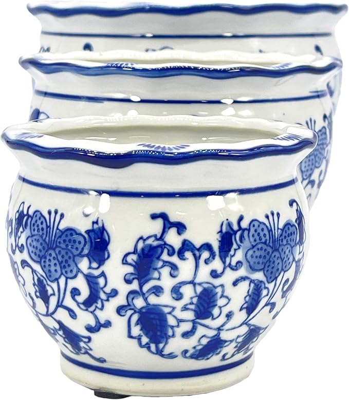 Galt International Blue & White Floral Porcelain Ceramic Decorative Compact Flower Pot 8"/6"/4.5" Diameter Garden Pots Chinese Asian Design - Set of 3 Round Pots