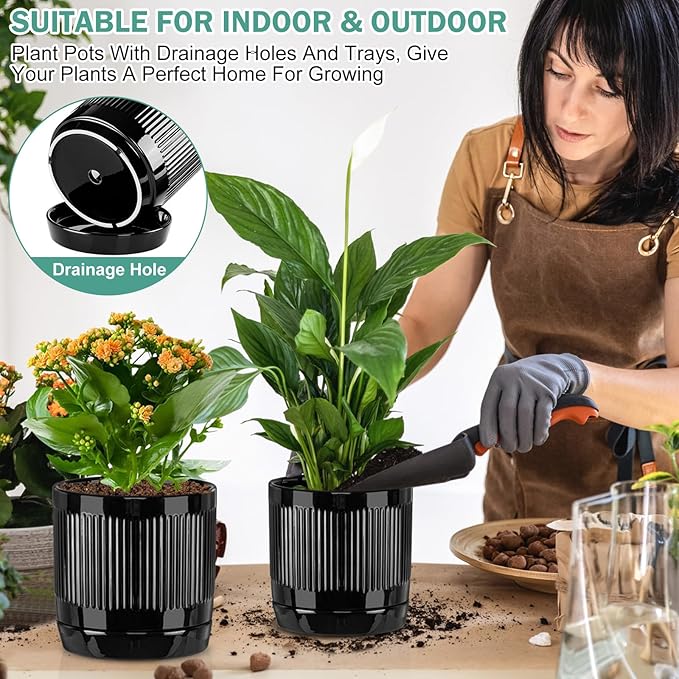 Vanavazon 6 Inch Glazed Ceramic Plant Pots with Drainage Hole and Saucer, Cylinder Indoor Planters for All House Plants, Modern Decor for Home & Office, Set of 2 (Black)