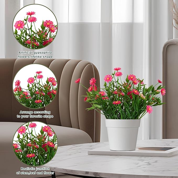 Fake Plants Daisy for Bathroom Decor, Small Potted Artificial Plants Indoor for Shelf Desk Home Bathroom Farmhouse Room Coffee Table Decor, Red (Pack of 2)