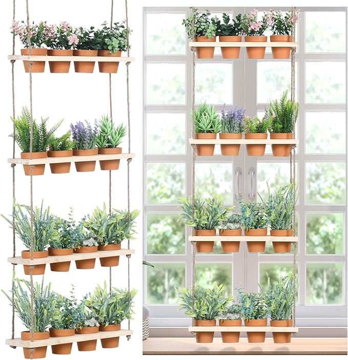 FillTouch 4 Tiered Window Plant Shelves Hanging Herb Planter Indoor Display with 16 Pcs Flower Pots Wood Window Plant Hanger for Grow Herbs Succulents Microgreens Seedling Organization