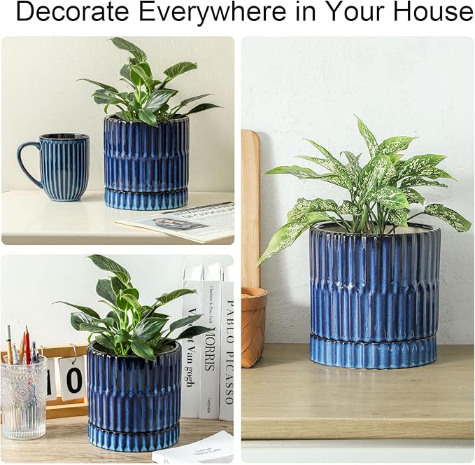 HASENSE Ceramic Plant Pots Set of 3 (8+6+4.6 Inch), Flower Planters with Drainage Hole and Saucer, Indoor Planter Pots for Succulents, Herbs, Ideal for Home Office Desktop Garden Decor(Blue)