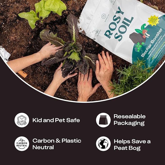 Rosy Soil Biochar Booster - Biochar Soil Amendment for Flowers and Vegetable Gardens - Horticultural Charcoal for Outdoor and Indoor Plants - Biochar Supplement for Potting Soil & Potting Mixes - 8qt