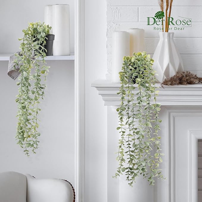 Der Rose 3Pcs Fake Plants Hanging Artificial Decor Faux Potted Eucalyptus Plants for Boho Bathroom Home Office Desk Wall Shelf Bookcase Accessories Decor Indoor