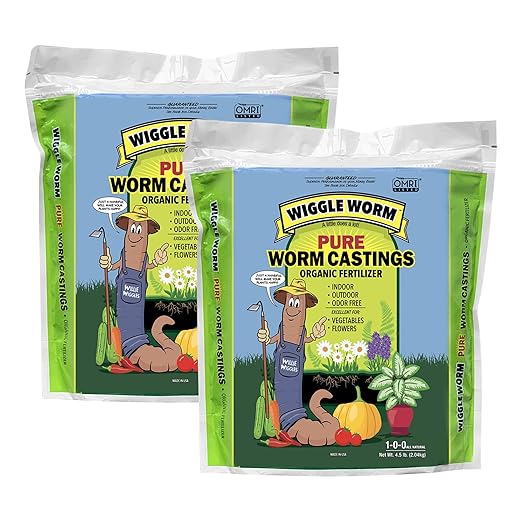 Wiggle Worm 100% Pure Organic Mineral-Dense Worm Castings Fertilizer in Resealable Zipper Pouch, 4.5lbs, 2 Pack - Improves Soil Fertility and Aeration for Growing Better Houseplants, Veggies, and More