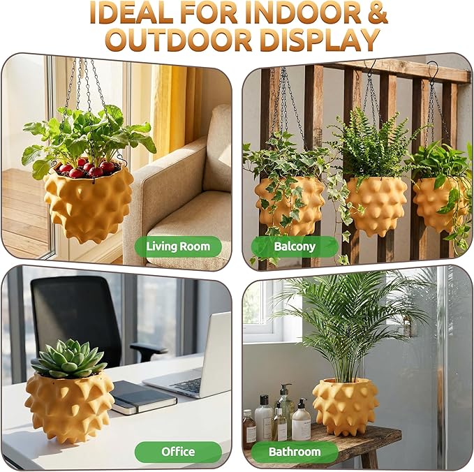 Enhon 6 Inch Hanging Planters for Indoor Plants, Unique Hanging Pots for Plants with Drainage and Hanger Baskets Hangers, Spiked Orb Plant Hanger, Matte Mustard Yellow
