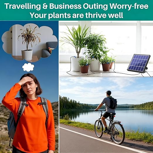 Biling Solar Powered Automatic Drip Irrigation System, 6 Modes Smart Watering Kit with 2200mAh Battery & Low Water Alarm, for 15 Potted Plants in Garden, Greenhouse, Patio