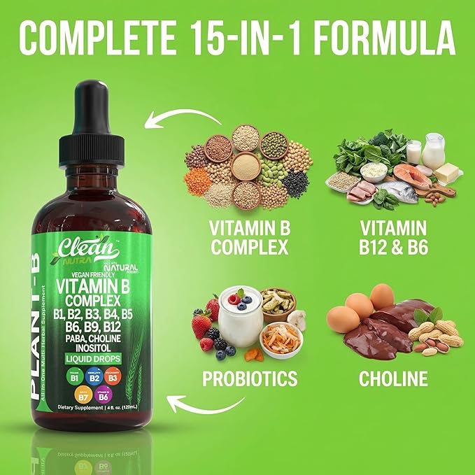 Vitamin B Complex Liquid Drops | Thiamine B1, B6, B2, B3, B4, B5, B7 B9, B12, Niacinamide, Paba, Choline Inositol Taurine Probiotics Beet Root Spirulina - Plant-B Vitamin Supplements by Clean Nutra