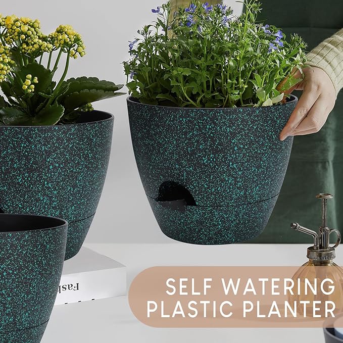 YNNICO Plant Pots 10/9/8/7.5/7 inch, Self Watering Planters with Drainage Holes & Saucers for Indoor and Outdoor Plants (Green Speckles)