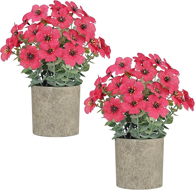 2 Pack Small Fake Plants Potted Artificial Plants Artificial Flowers Potted Faux Flower Daisy with Eucalyptus Leaves for Home Decor Office Room Farmhouse Indoor Table Bathroom Decor（Magenta）