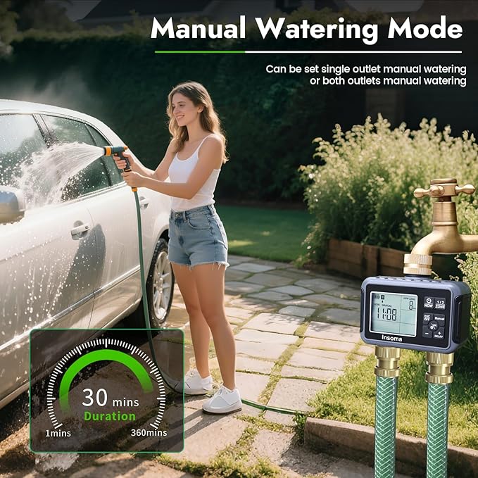 Insoma Water Timer with Brass Inlet & Outlet, 2 Independent Zones Outdoor Hose Timer for Garden Faucet with Auto/Manual/Rain Delay Mode, Sprinkler Irrigation Timers for Yard Lawn