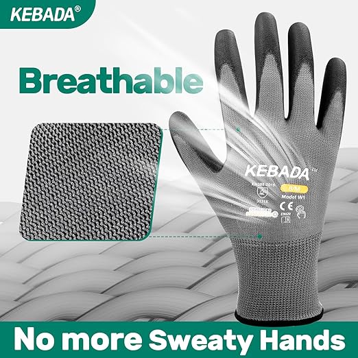 Kebada W1 Work Gloves for Men and Women, PU Coated Safety Gloves with Grip, Touchscreen, Ideal for Warehouse Package Handling, Construction, Gardening, Grey XS